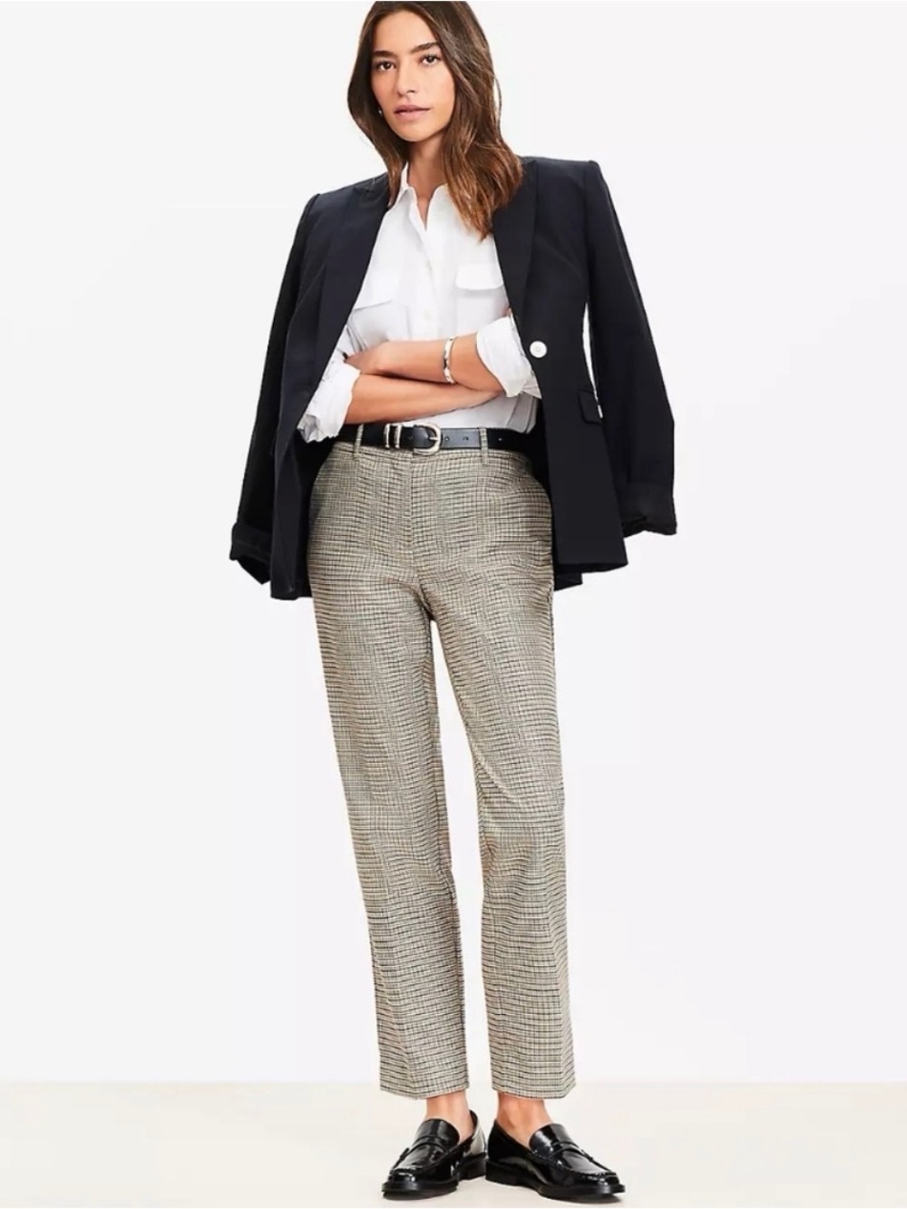 LOFT Plaid Straight-Leg Trousers - Black/white